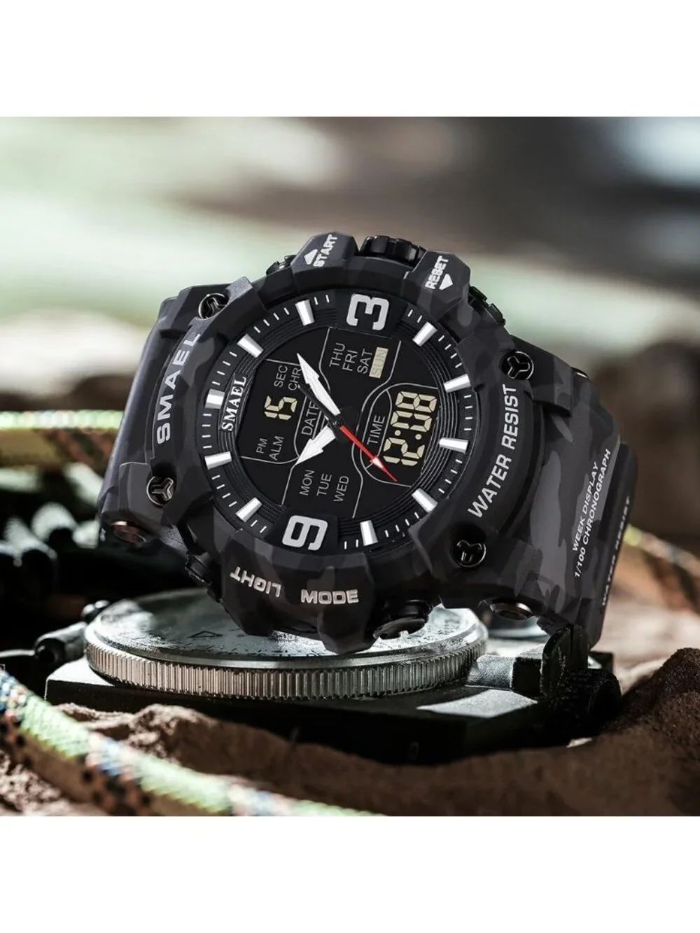 Men's Camouflage Gray Analog Luminous Waterproof LED Electronic Digital Watch
